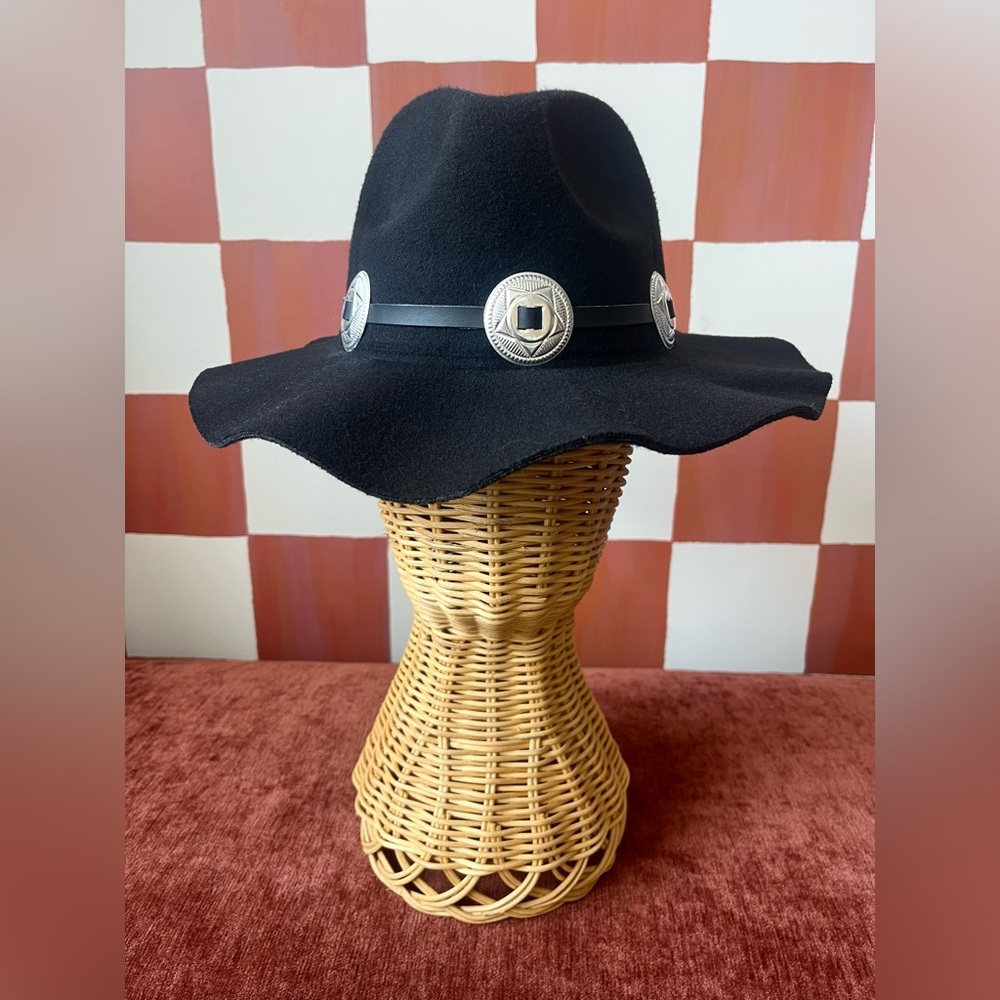 Black Wide-Brim Hat with Silver Conchos
